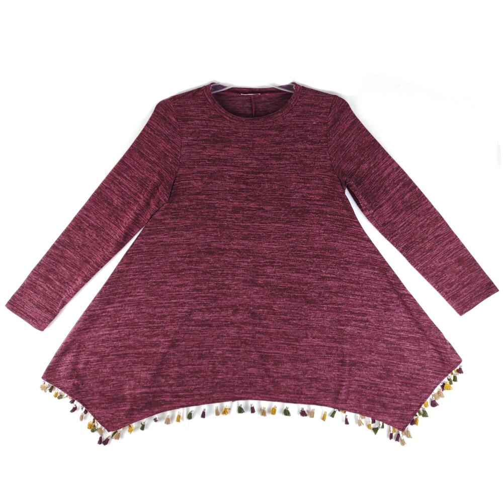 JODIFL Women's S Burgundy Tassel Fringe Boho Long Sleeve Tunic Sweater Dress